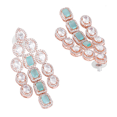 Estele Rose Gold Plated CZ Spectacular Triple Line Necklace Set with Mint Green Stones for Women