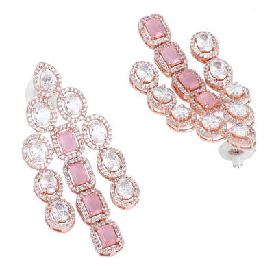 Estele Rose Gold Plated CZ Spectacular Three Line Necklace Set with Mint Pink Stones for Women