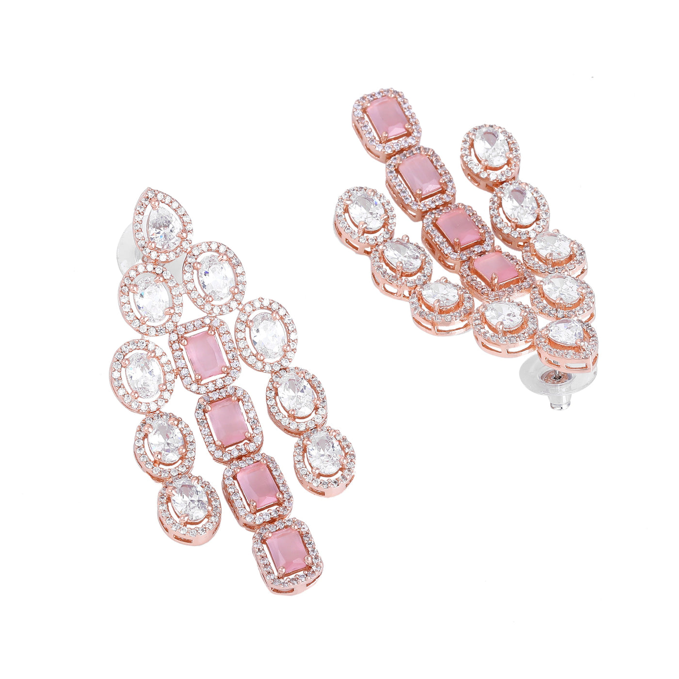 Estele Rose Gold Plated CZ Scintillating Earrings with Mint Pink Stones for Women