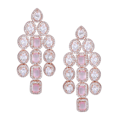 Estele Rose Gold Plated CZ Spectacular Three Line Necklace Set with Mint Pink Stones for Women