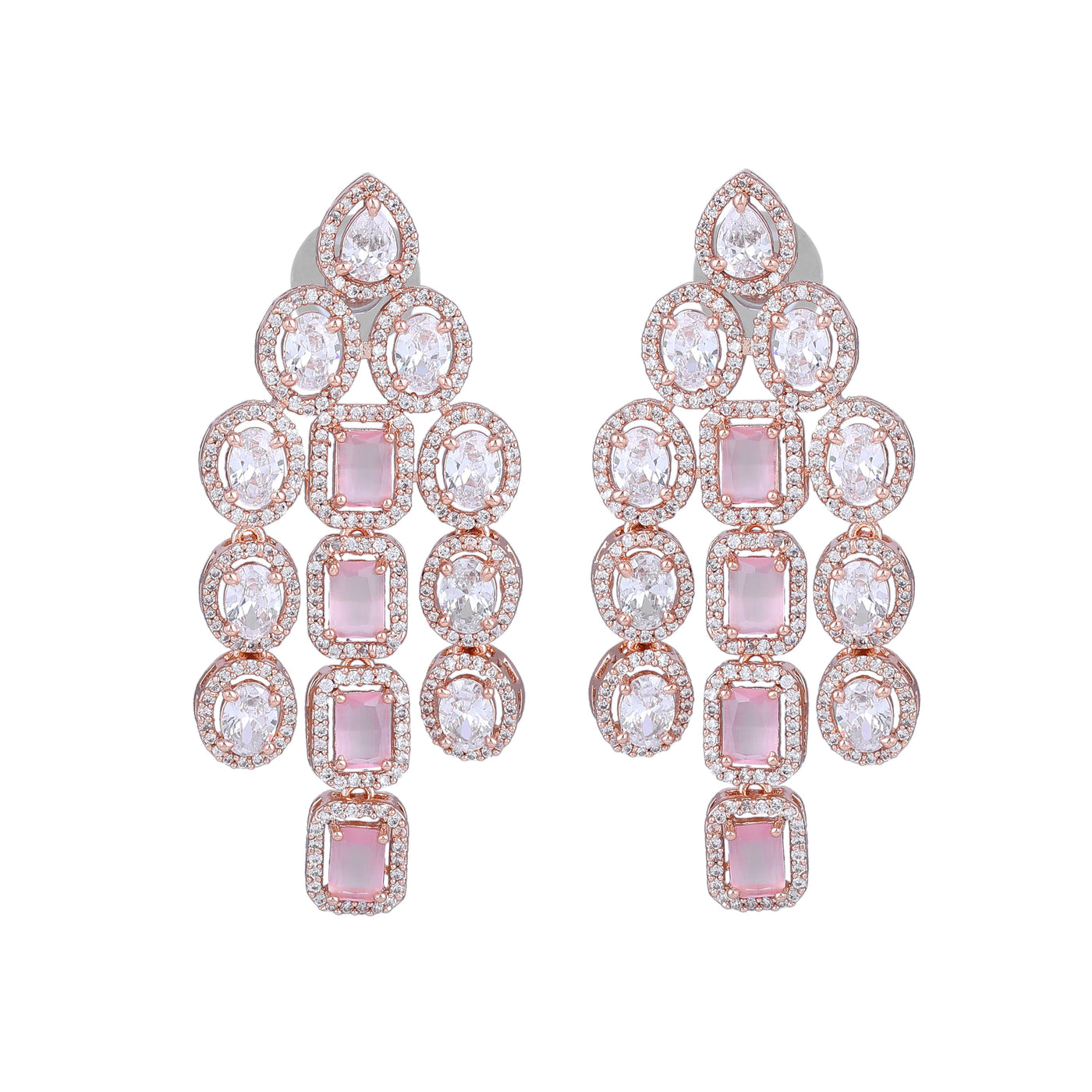 Estele Rose Gold Plated CZ Scintillating Earrings with Mint Pink Stones for Women