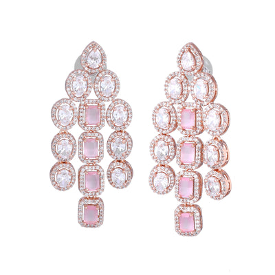 Estele Rose Gold Plated CZ Scintillating Earrings with Mint Pink Stones for Women