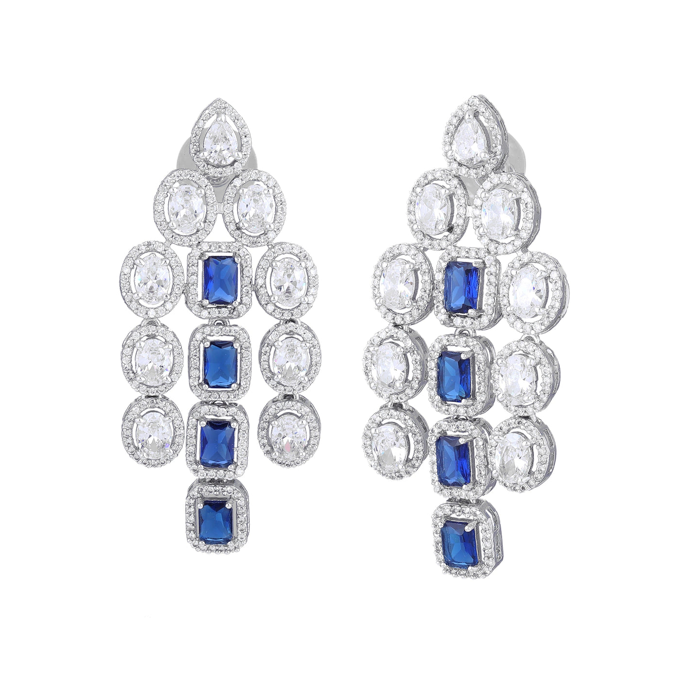 Estele Rhodium Plated CZ Scintillating Earrings with Blue Stones for Women