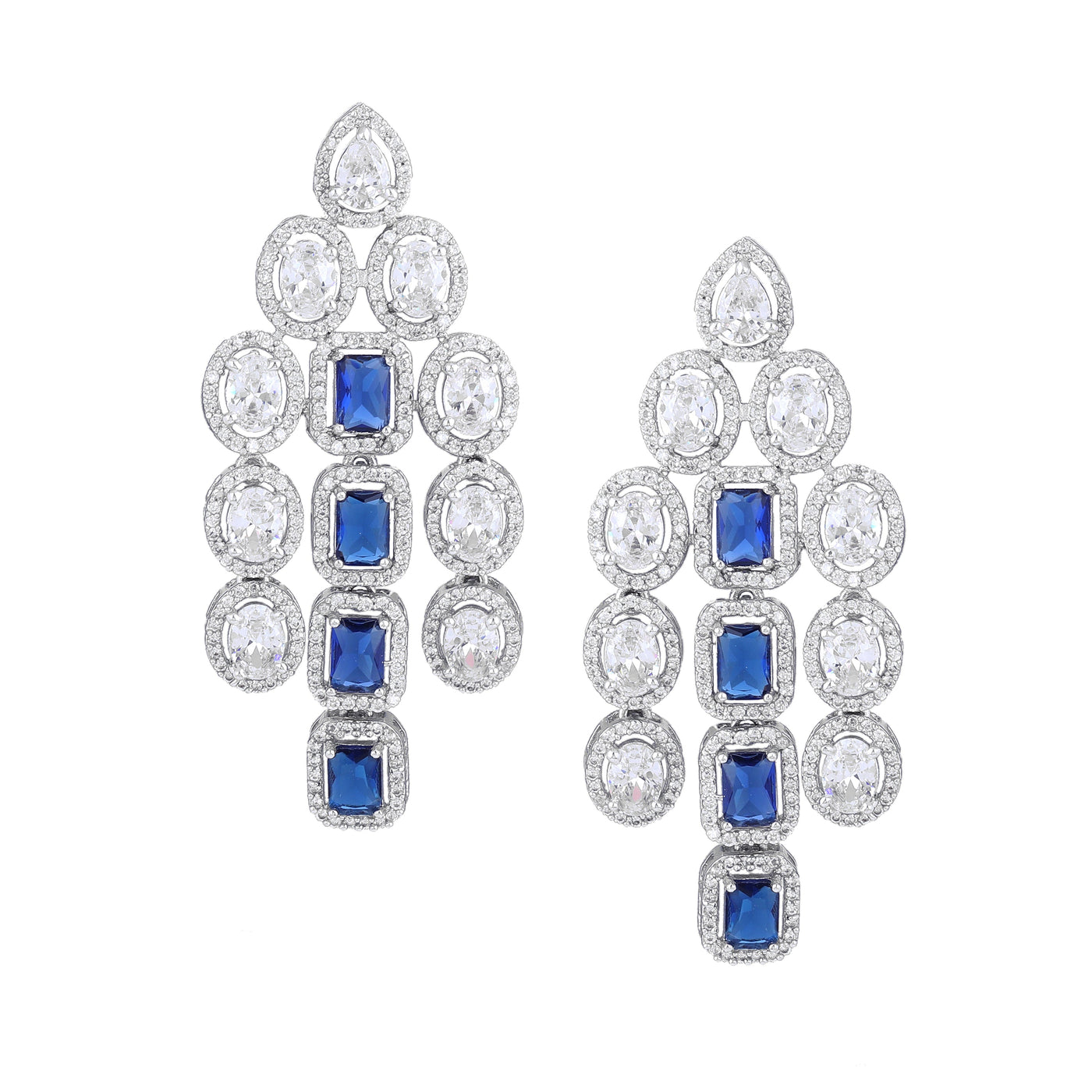 Estele Rhodium Plated CZ Scintillating Earrings with Blue Stones for Women