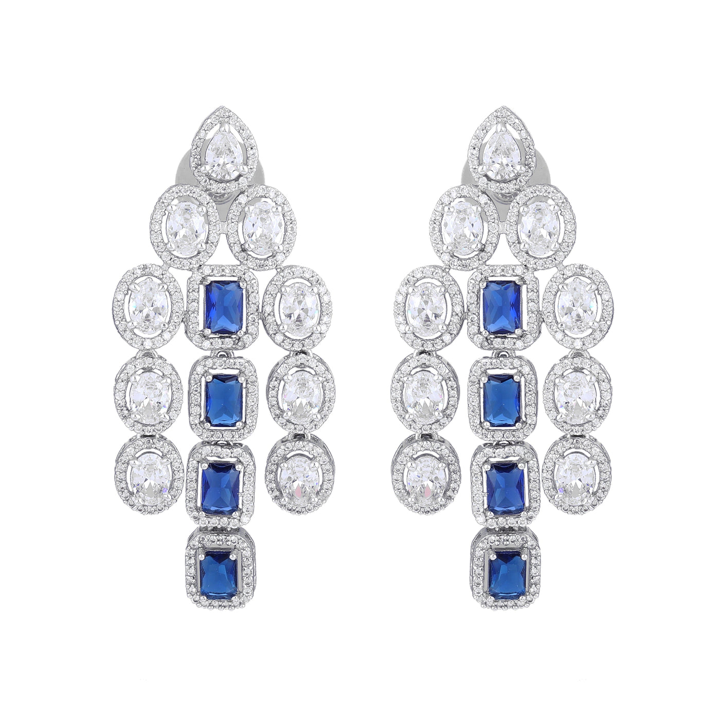 Estele Rhodium Plated CZ Scintillating Earrings with Blue Stones for Women