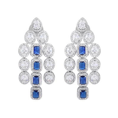 Estele Rhodium Plated CZ Scintillating Earrings with Blue Stones for Women