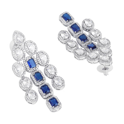 Estele Rhodium Plated CZ Spectacular Three Line Necklace Set with Blue Stones for Women