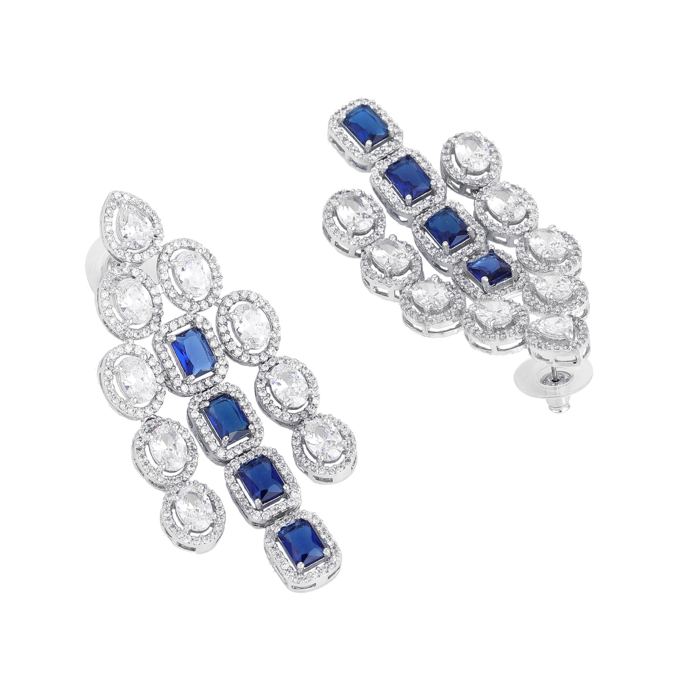 Estele Rhodium Plated CZ Scintillating Earrings with Blue Stones for Women