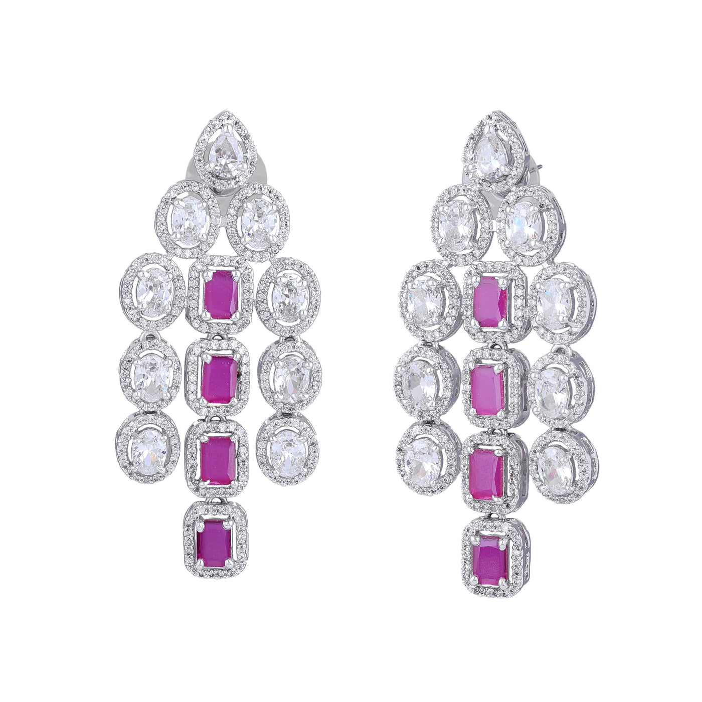 Estele Rhodium Plated CZ Scintillating Earrings with Ruby Stones for Women