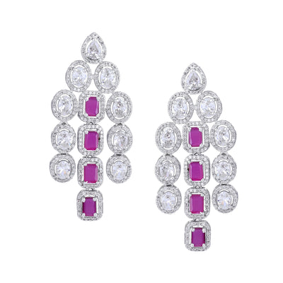 Estele Rhodium Plated CZ Scintillating Earrings with Ruby Stones for Women