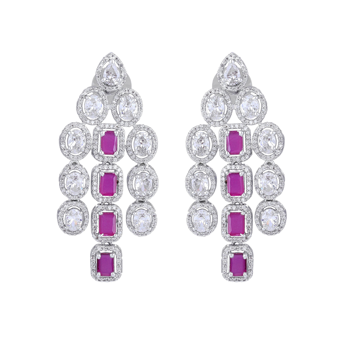 Estele Rhodium Plated CZ Scintillating Earrings with Ruby Stones for Women