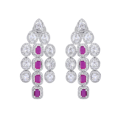 Estele Rhodium Plated CZ Scintillating Earrings with Ruby Stones for Women