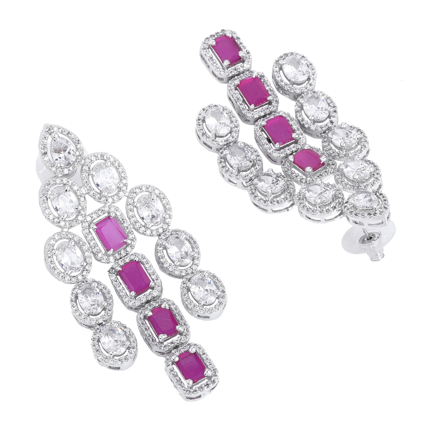 Estele Rhodium Plated CZ Spectacular Three Line Necklace Set with Ruby Stones for Women