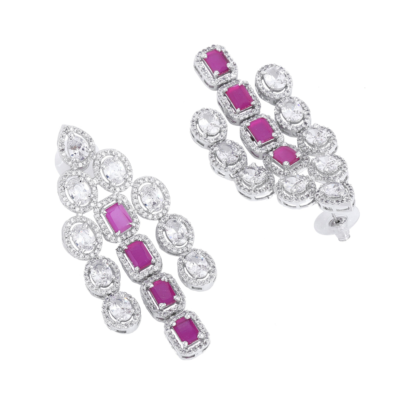 Estele Rhodium Plated CZ Scintillating Earrings with Ruby Stones for Women