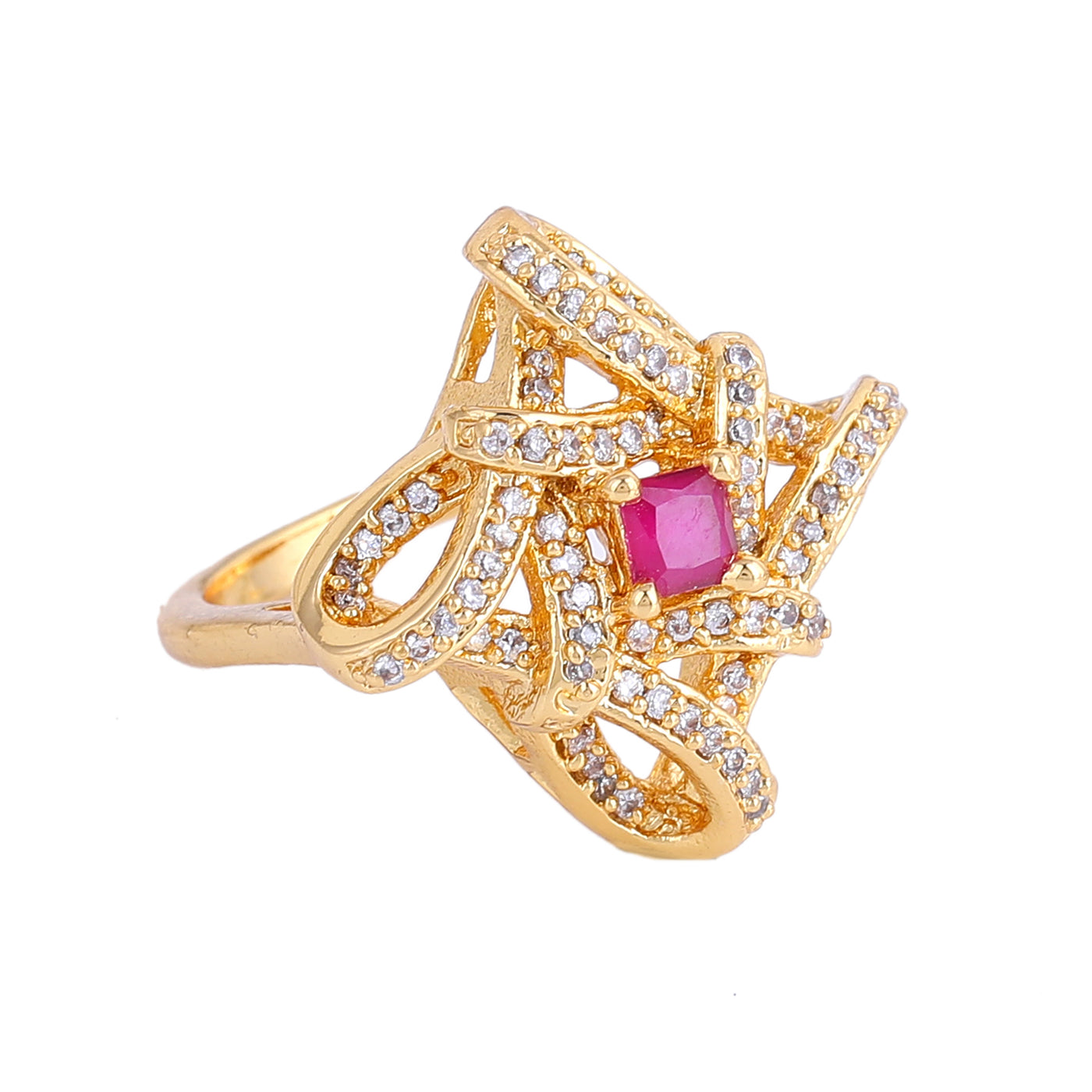 Estele Gold Plated CZ Stylish Floral Designer Finger Ring for Women