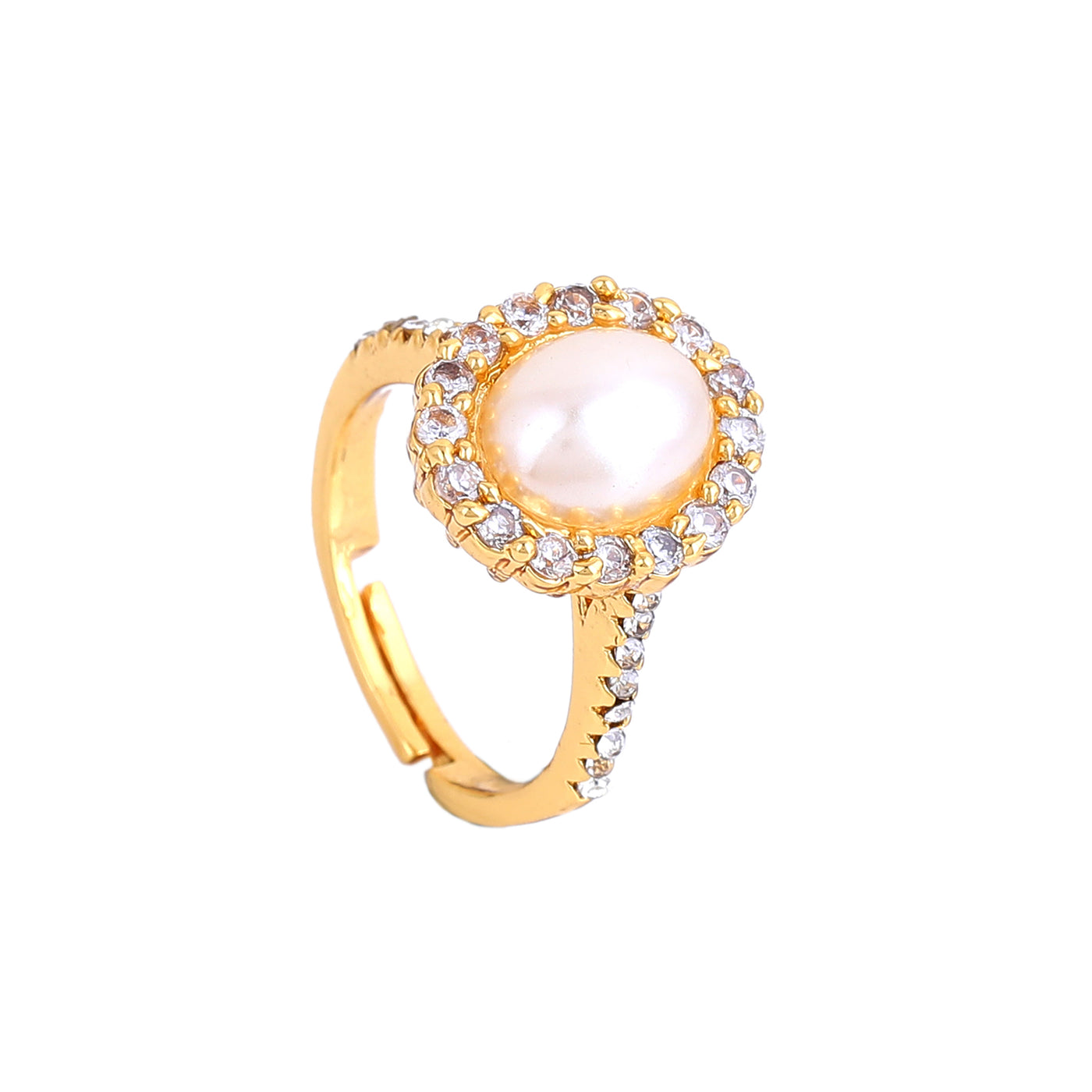 Estele white big pearl ring with american diamonds studded for women (Adjustable)