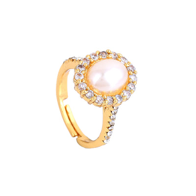 Estele white big pearl ring with american diamonds studded for women (Adjustable)