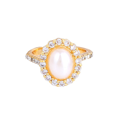 Estele white big pearl ring with american diamonds studded for women (Adjustable)