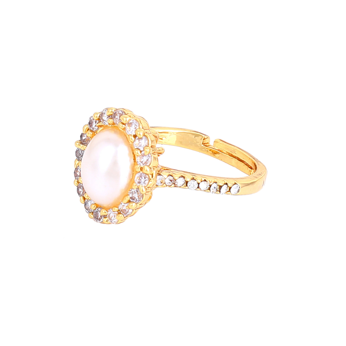 Estele white big pearl ring with american diamonds studded for women (Adjustable)