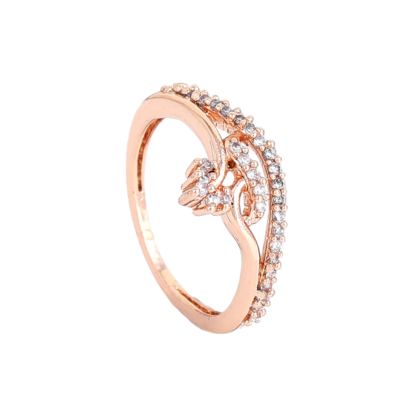 Estele Rose Gold Plated CZ Floral Designer Finger Ring for Women