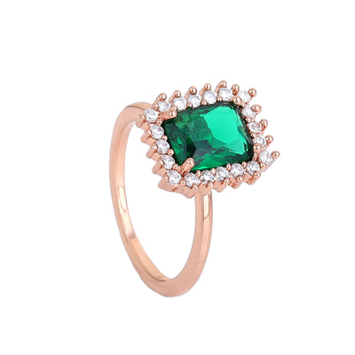 Estele Rose Gold Plated CZ Square Designer Finger Ring With Green Stones for Women(Adjustable)