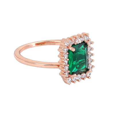 Estele Rose Gold Plated CZ Square Designer Finger Ring With Green Stones for Women(Adjustable)