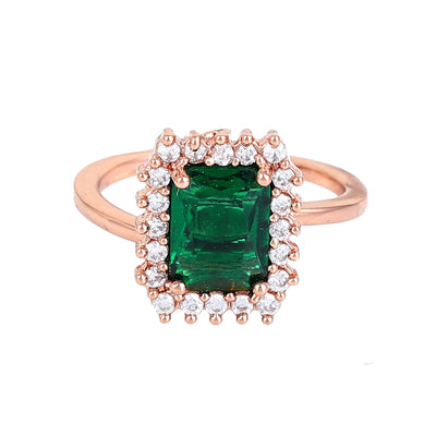 Estele Rose Gold Plated CZ Square Designer Finger Ring With Green Stones for Women(Adjustable)