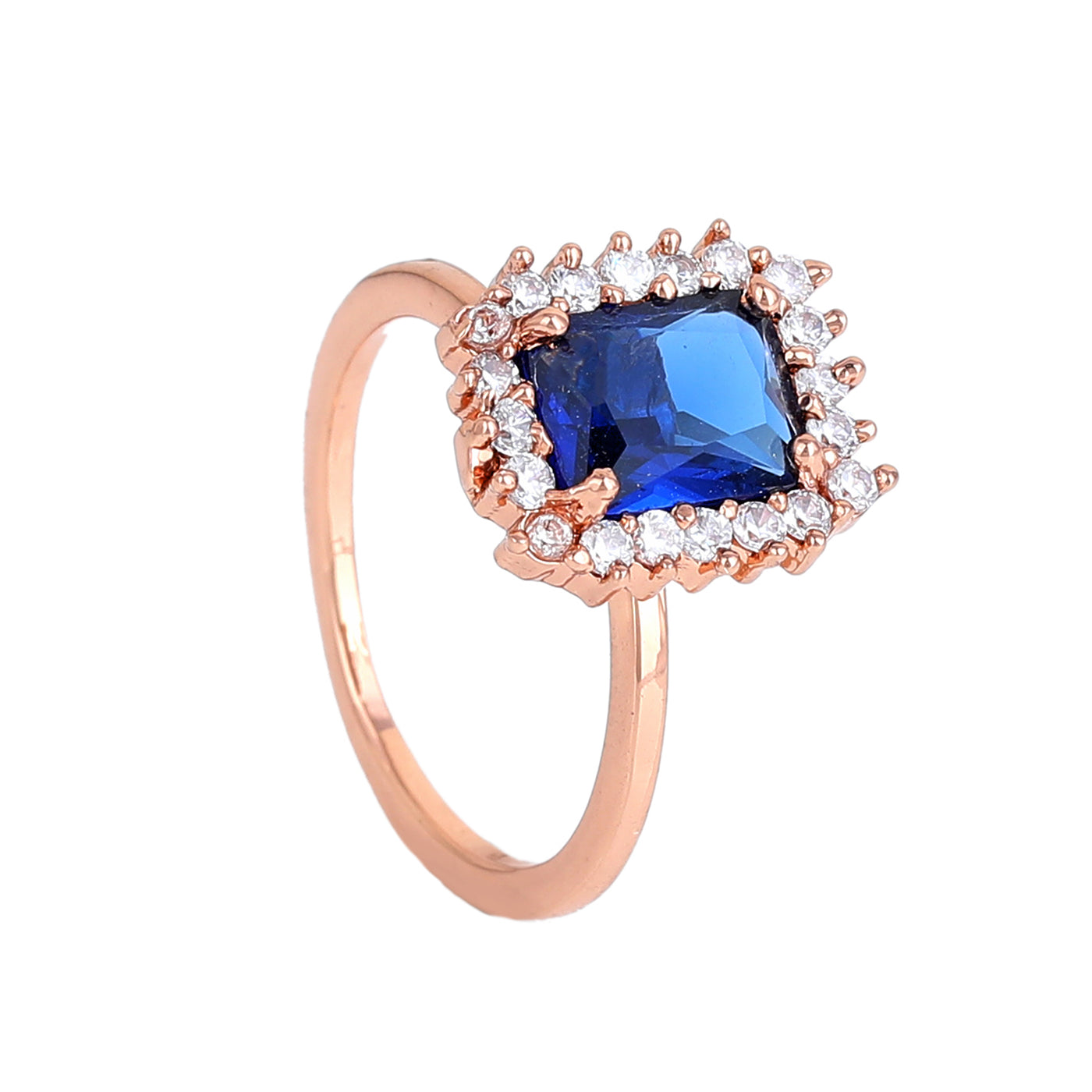 Estele Rose Gold Plated CZ Square Designer Finger Ring With Blue Stones for Women(Adjustable)