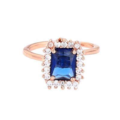 Estele Rose Gold Plated CZ Square Designer Finger Ring With Blue Stones for Women(Adjustable)