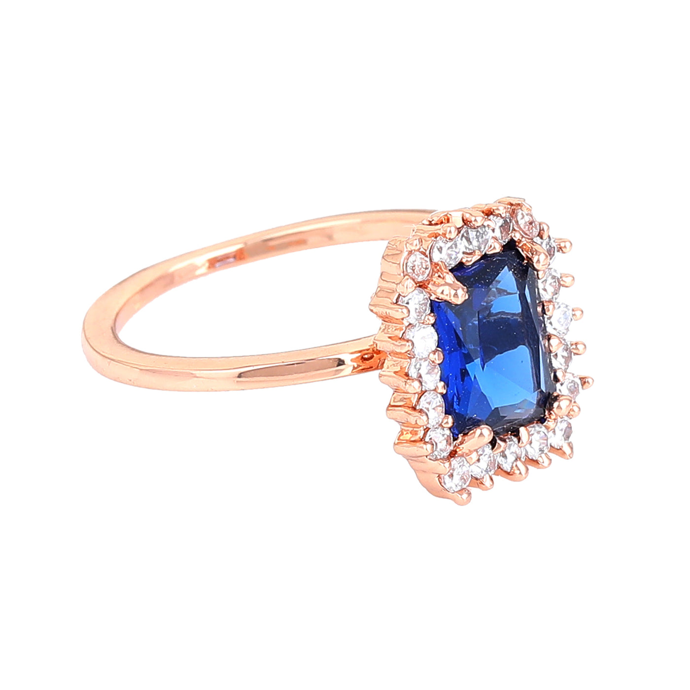 Estele Rose Gold Plated CZ Square Designer Finger Ring With Blue Stones for Women(Adjustable)