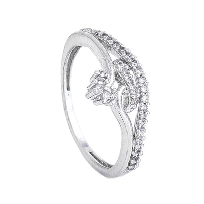 Estele Rhodium Plated CZ Floral Designer Finger Ring for Women