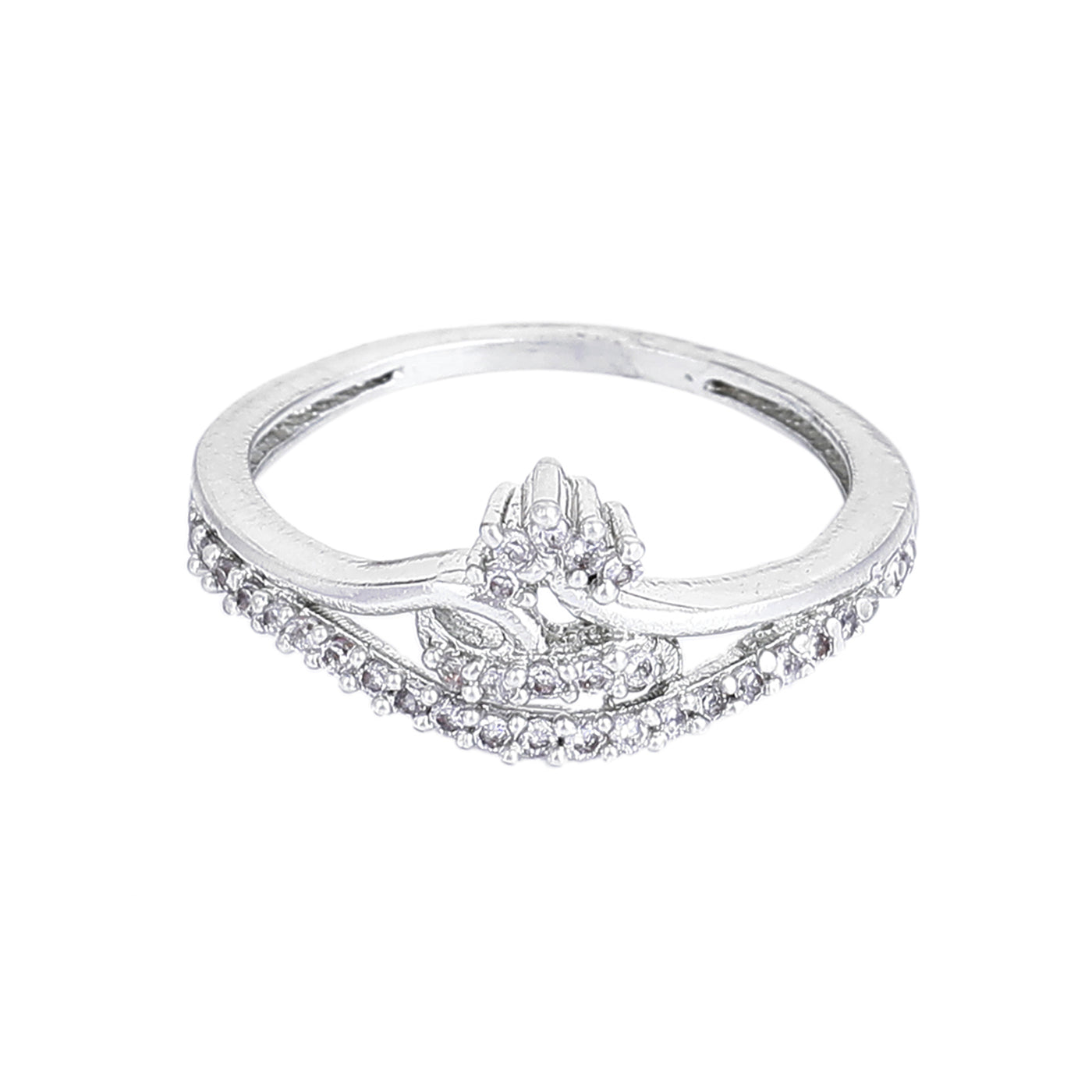 Estele Rhodium Plated CZ Floral Designer Finger Ring for Women