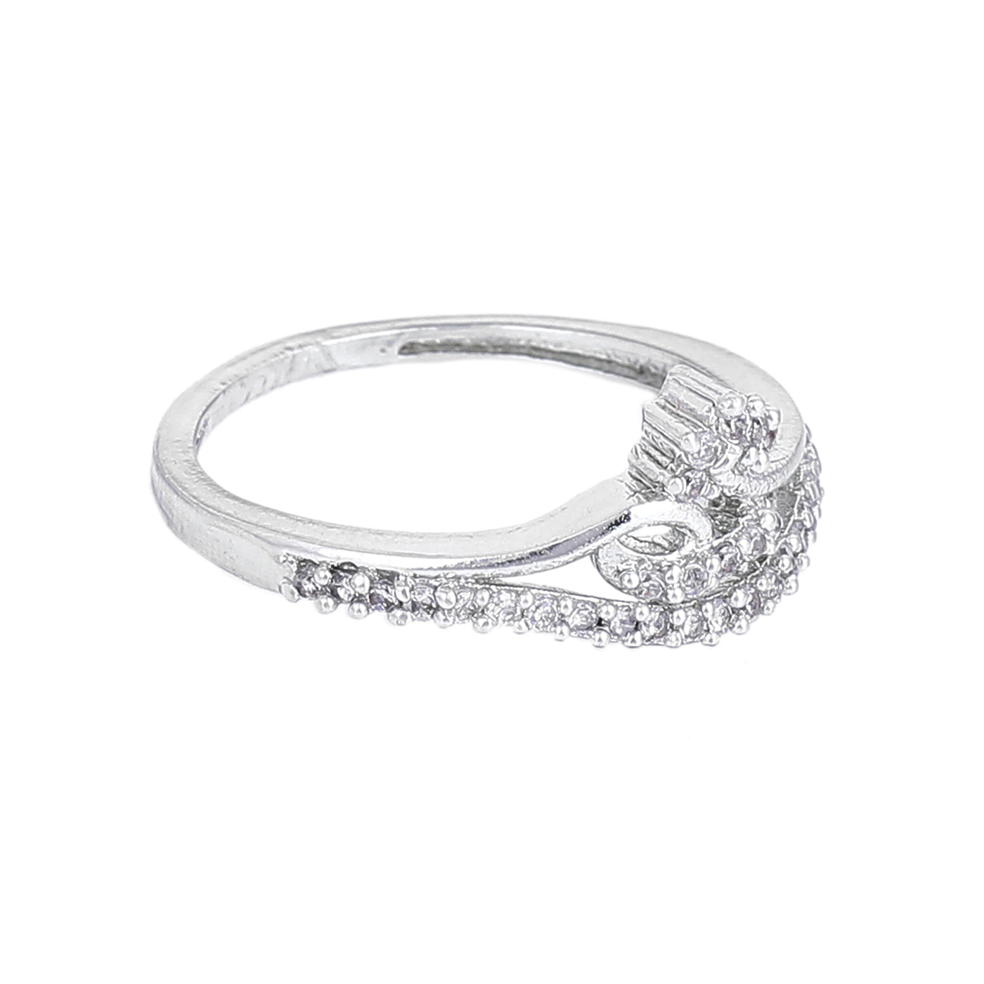 Estele Rhodium Plated CZ Floral Designer Finger Ring for Women