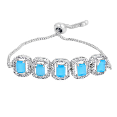 Estele Rhodium Plated CZ Ossum Octagon Bracelet with Mint Blue Stones for Women