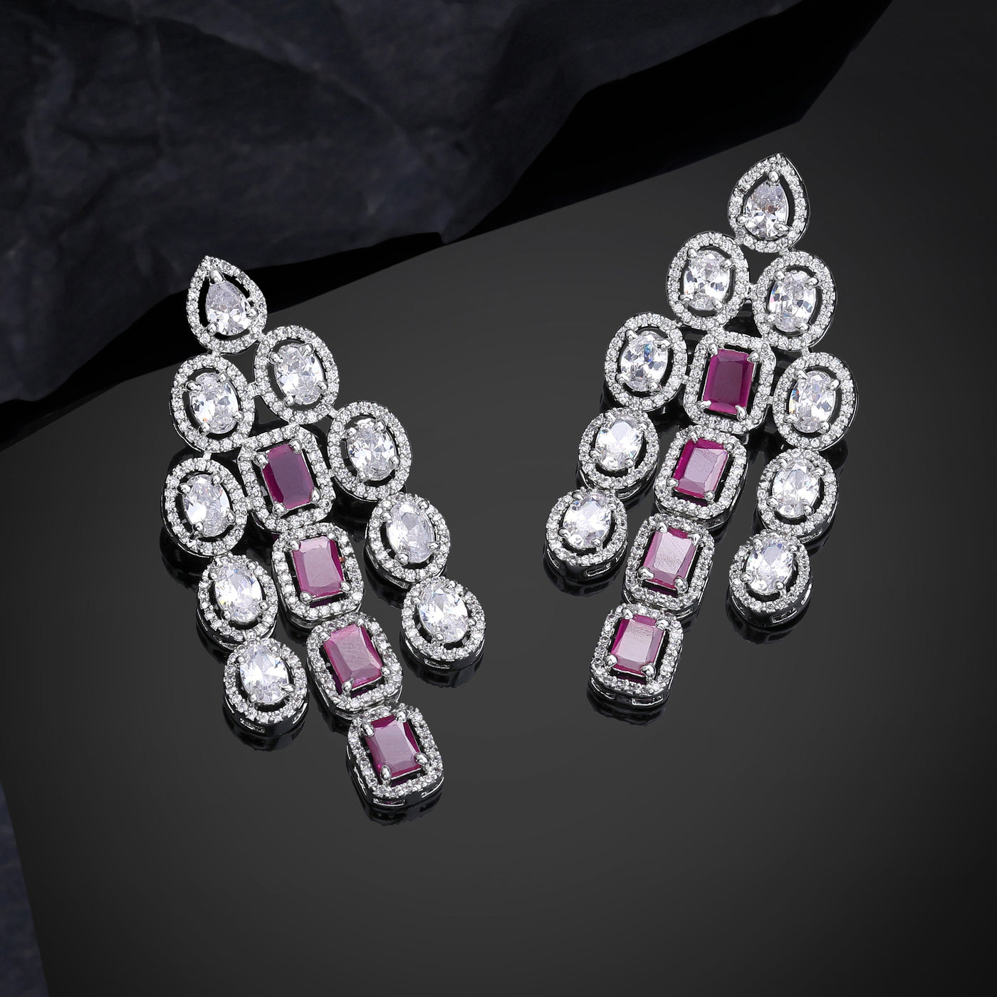 Estele Rhodium Plated CZ Scintillating Earrings with Ruby Stones for Women