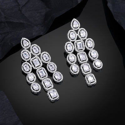 Estele Rhodium Plated CZ Scintillating Earrings with White Stones for Women