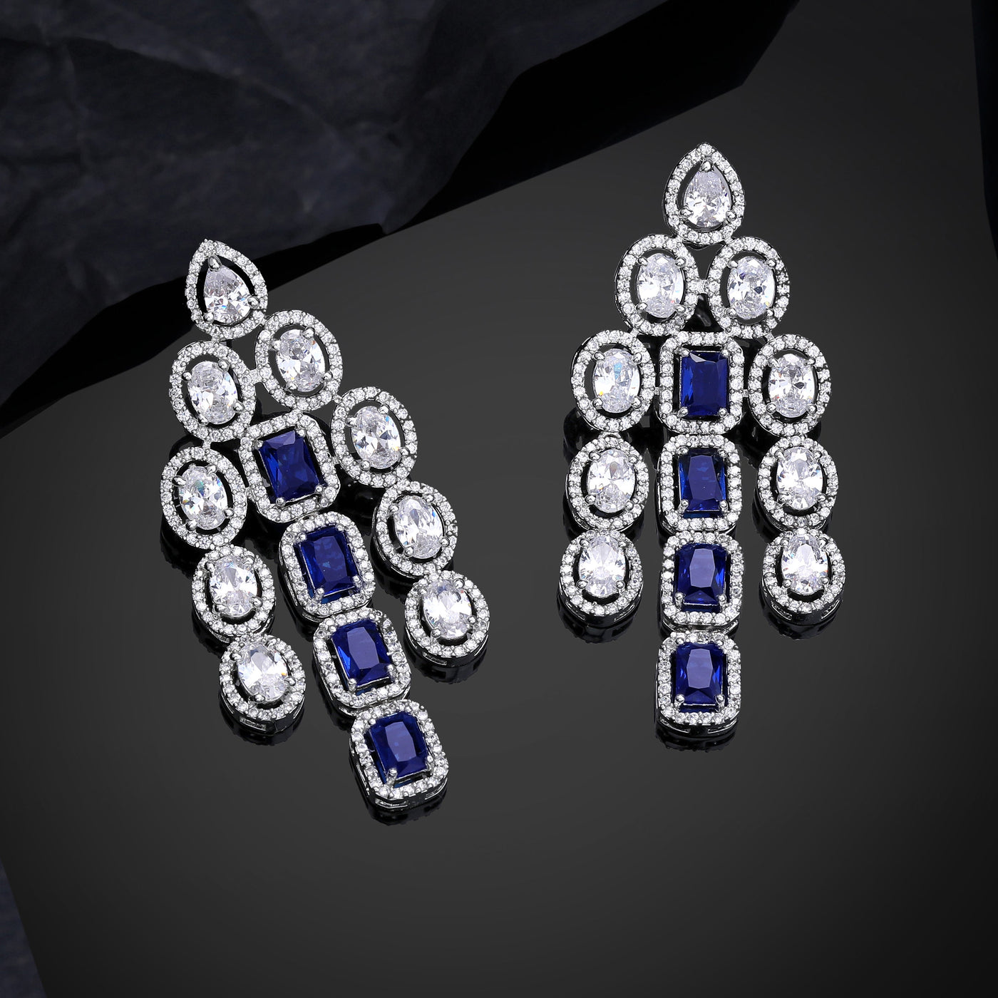 Estele Rhodium Plated CZ Scintillating Earrings with Blue Stones for Women