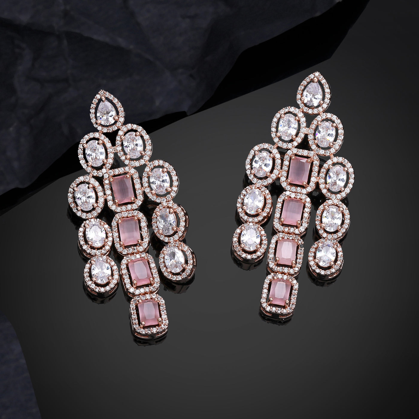 Estele Rose Gold Plated CZ Scintillating Earrings with Mint Pink Stones for Women