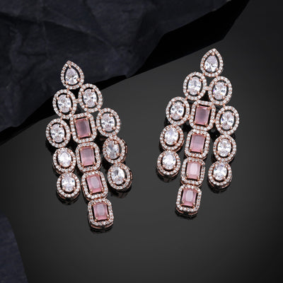 Estele Rose Gold Plated CZ Scintillating Earrings with Mint Pink Stones for Women