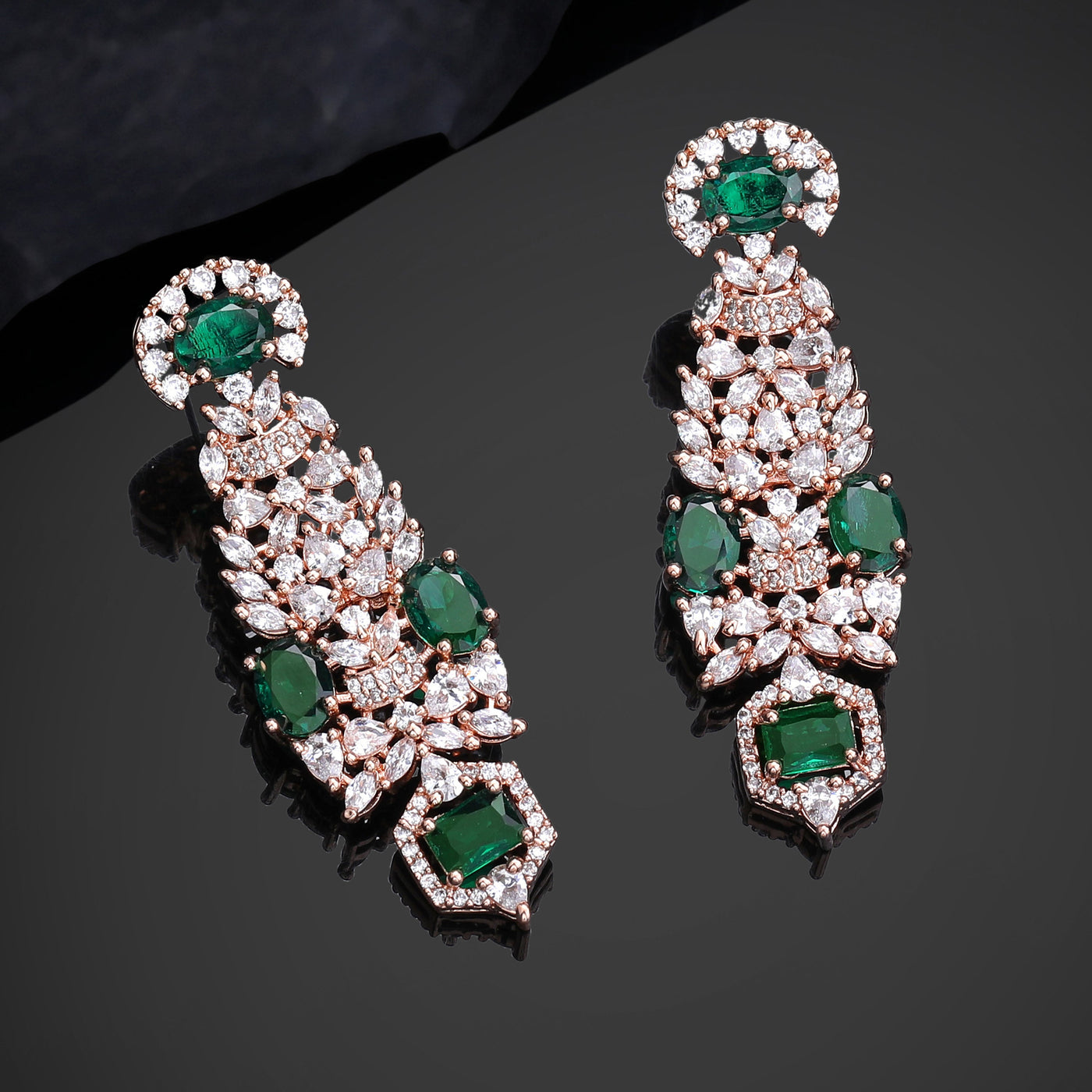 Estele Rose Gold Plated CZ Astonishing Earrings with Green Stones for Women