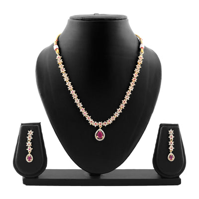 Estele Gold Plated CZ Floral Line Bridal Necklace Set with Ruby Crystals for Women