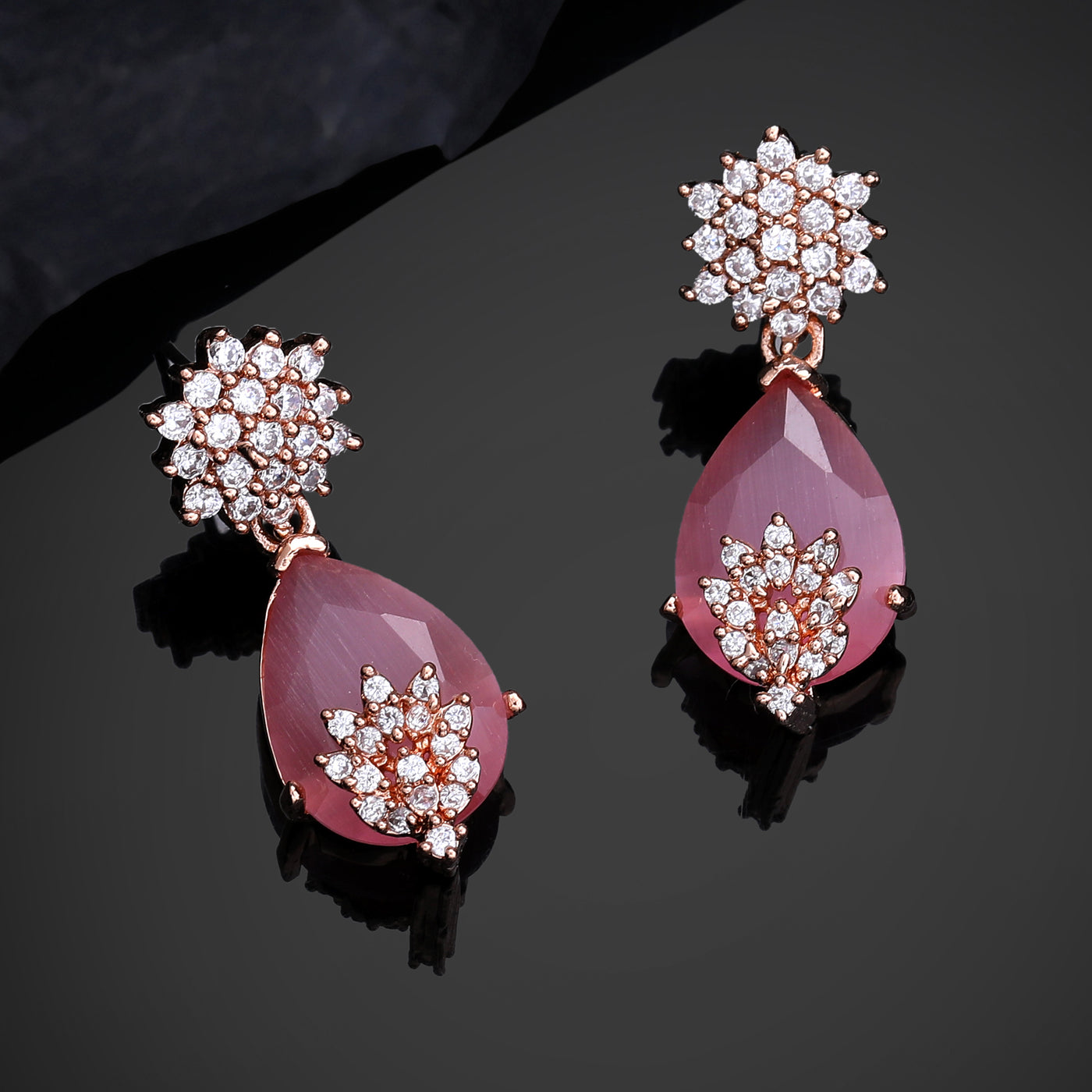 Estele Rose Gold Plated CZ Sparkling Earrings with Mint Pink Stones for Women