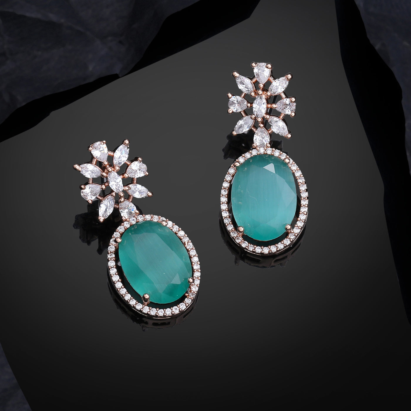 Estele Rose Gold Plated CZ Gorgeous Drop Earrings with Mint Green Stones for Women