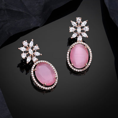 Estele Rose Gold Plated CZ Gorgeous Drop Earrings with Mint Pink Stones for Women