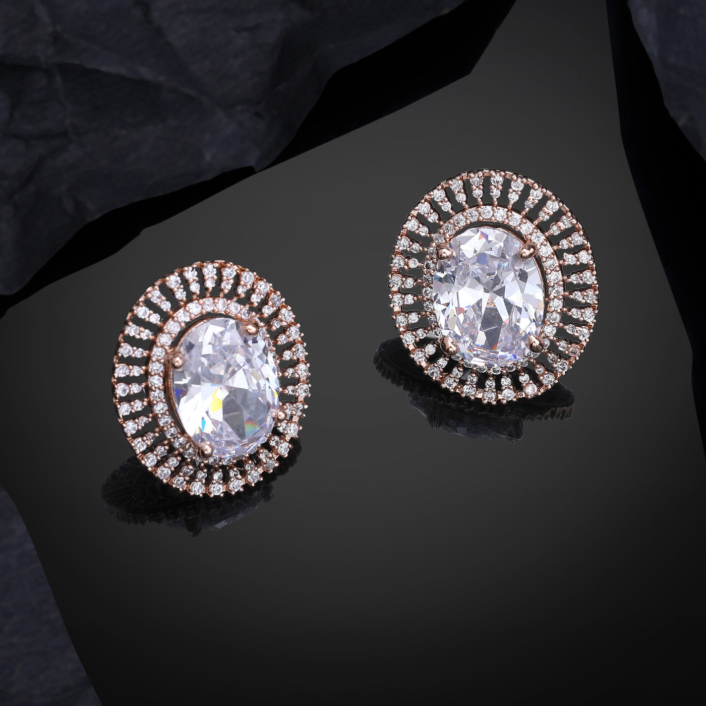 Estele Rose Gold Plated CZ Circular Designer Stud Earrings with White Stones for Women