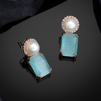 Estele Rose Gold Plated CZ Lovely Earrings with Mint Green Stones for Women