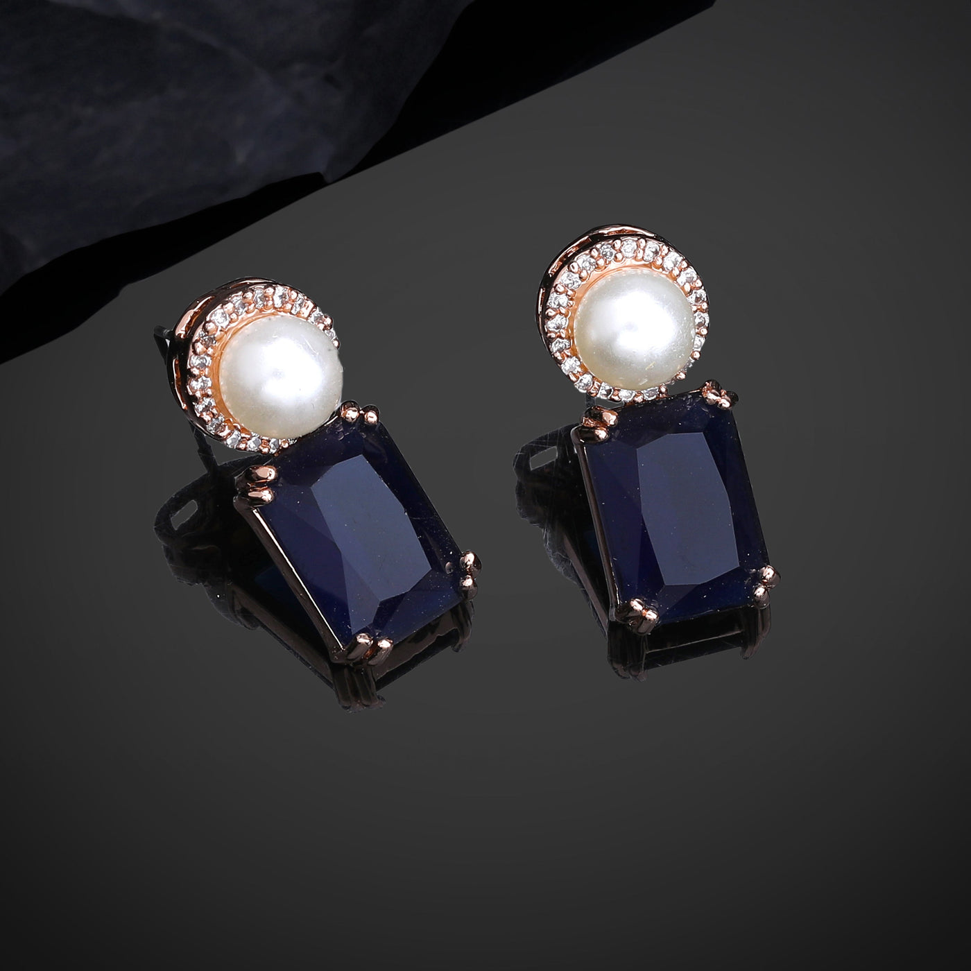 Estele Rose Gold Plated CZ Lovely Earrings with Blue Stones for Women