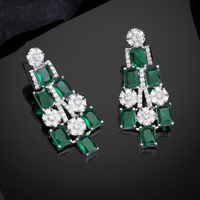 Estele Rhodium Plated CZ Shimmering Earrings with Green Stones for Women