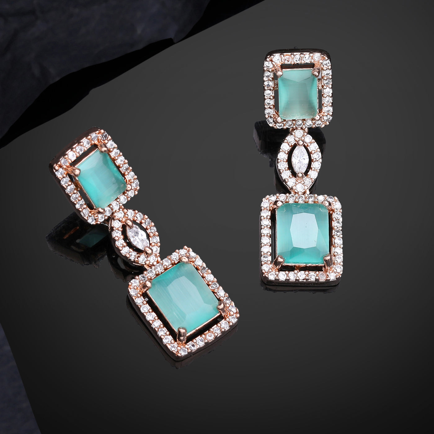 Estele Rose Gold Plated CZ Shimmering Square Designer Earrings with Mint Green Stones for Women