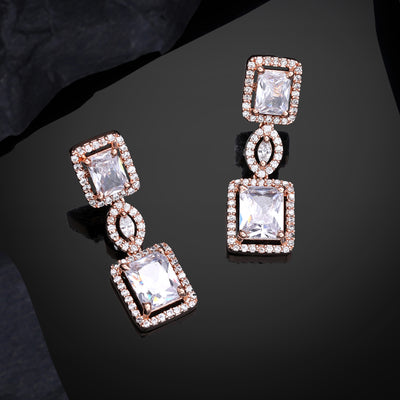 Estele Rose Gold Plated CZ Shimmering Square Designer Earrings with White Stones for Women